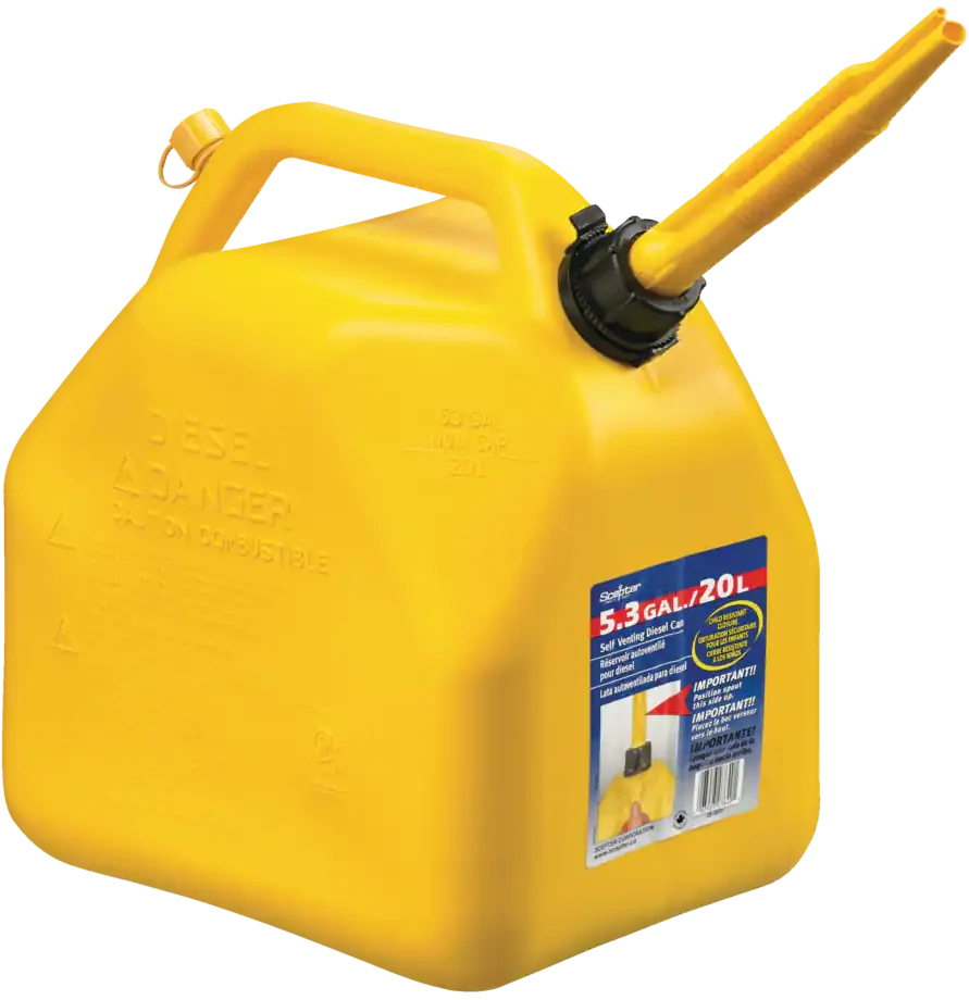 A plastic yellow can used for storing diesel.