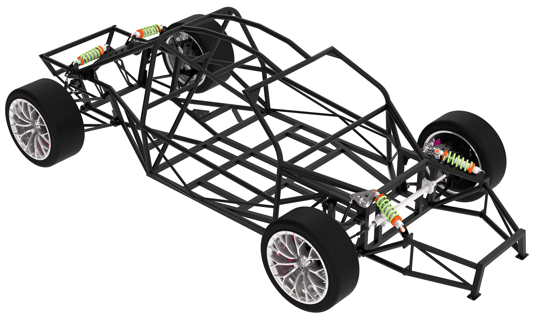 A rolling chassis race car frame.