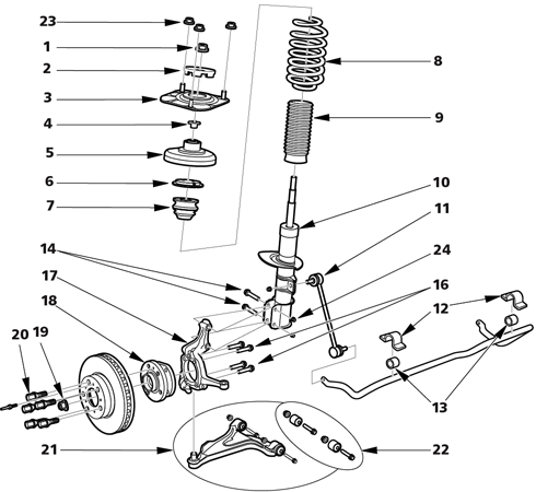 A numbered list of suspension components.