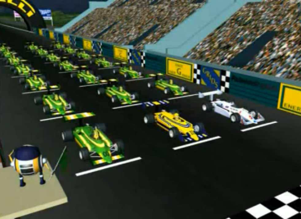 A screenshot of open wheel cars from the ReBoot episode, Racing the Clock.