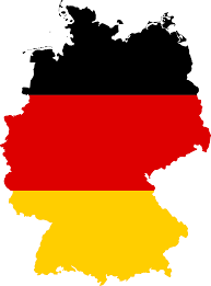 The geographical outline of germany filled with the German flag.