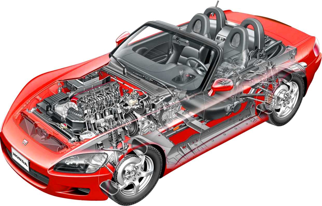An artistically-created cutaway of a red Honda S2000.